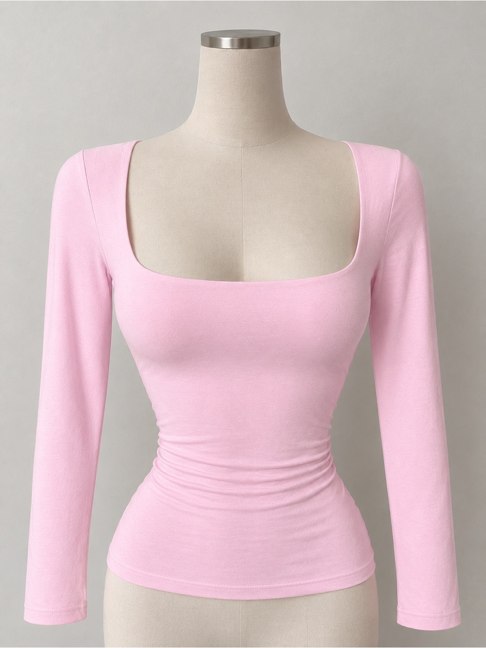 Square Neck Long Sleeve Fitted Top in Soft Pink